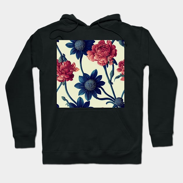 Deep Blue and Orange Red Vintage Floral Hoodie by VintageFlorals